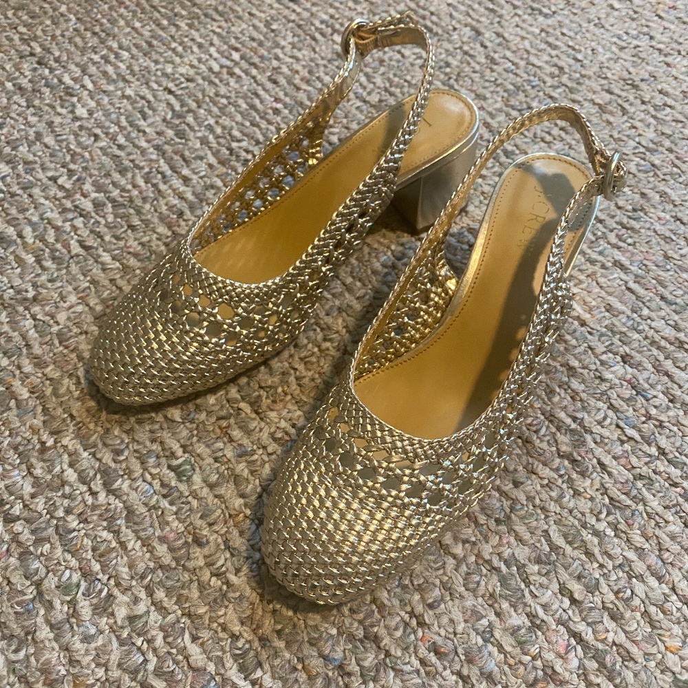 J. Crew gold synthetic woven sandal size 8 in original box.